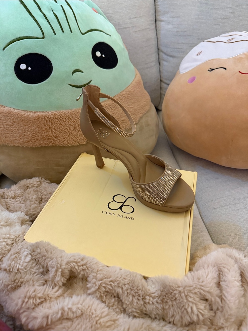 Cozy Island Women's Tan Rhinestone Ankle-Strap Heels